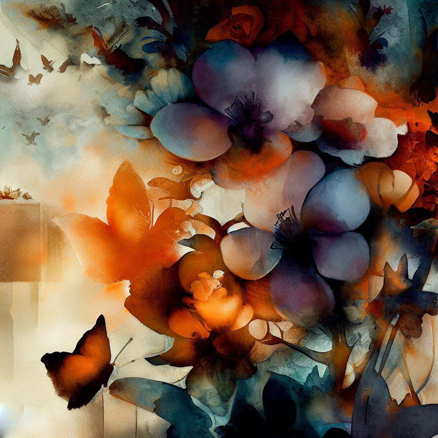 Gezeichnete Collage mit Schmetterlingen und Blumen.
